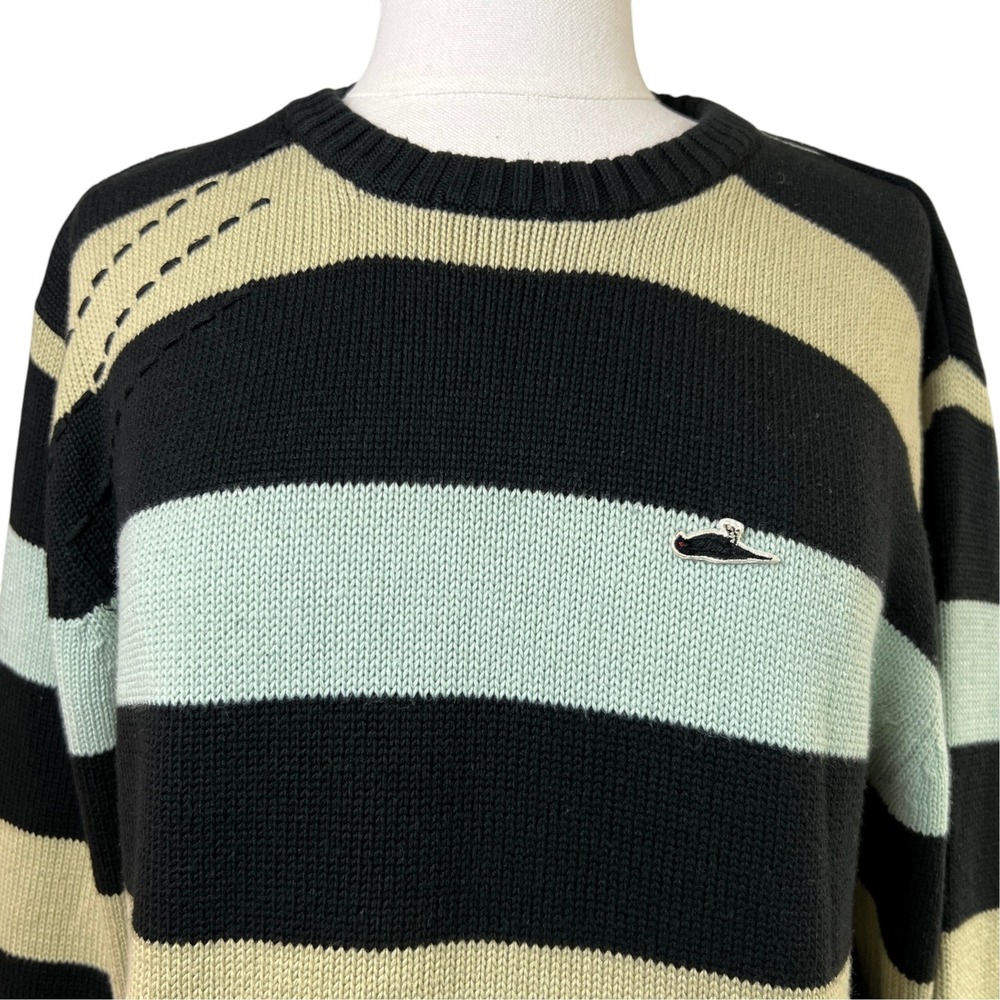 Vintage Atticus Striped Crewneck Knit Sweater Women Small Black Tan Blue Emo Y2K
